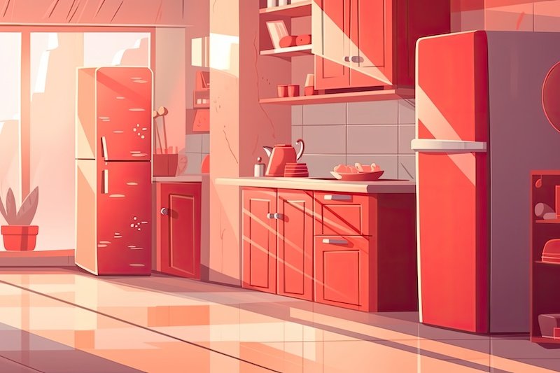 A painting of a kitchen with a red refrigerator. Generative AI