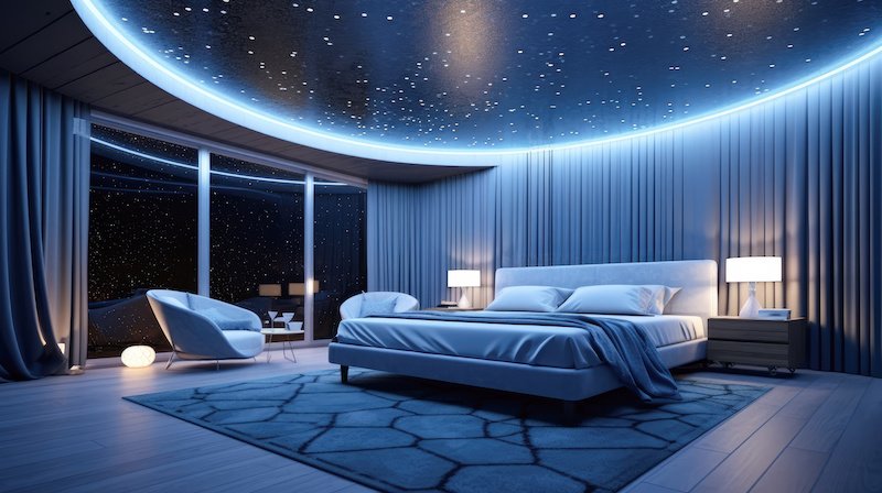 A celestial-themed bedroom with a ceiling painted like the night sky