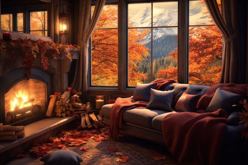 A cozy living room with a roaring fireplace, warm blankets, and a window view of a tranquil autumn scene