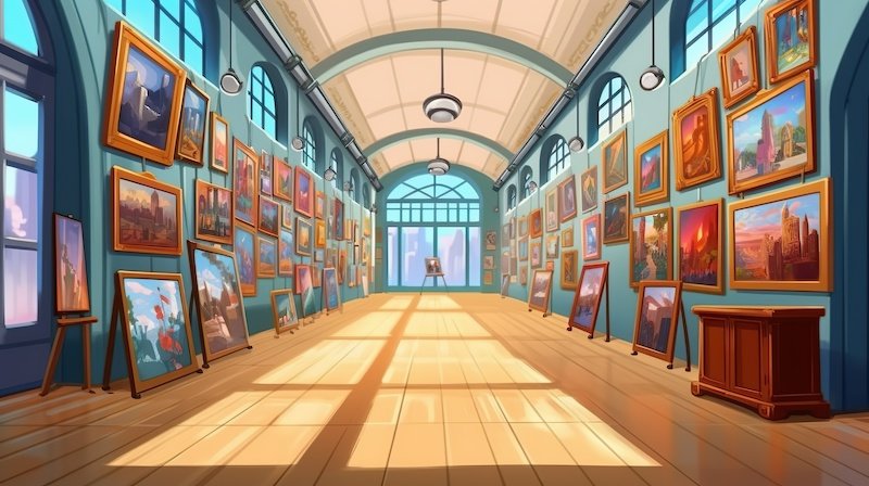 Background museums and art galleries. The vibrant ambiance of an art gallery through an illustration with an abstract background and captivating banner design. Generative AI.