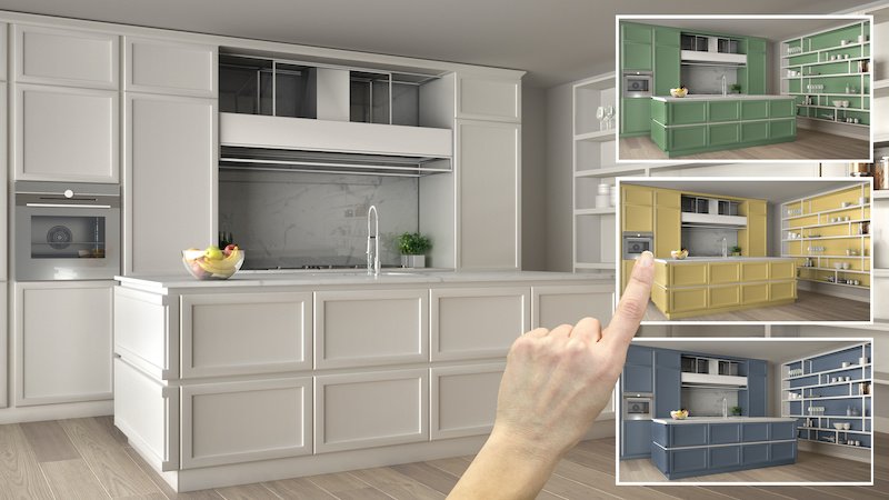 Architect designer concept, hand showing classic bright kitchen colors in different options, interior design project draft, color picker, material sample