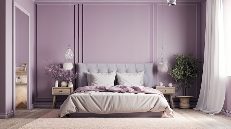 Very peri interior design. Bedroom in lavender colors. Large bed and shelves. Empty painted wall background blank. generative ai