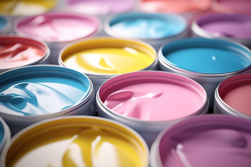 Close up of Open paint cans with pastel paint. AI generated