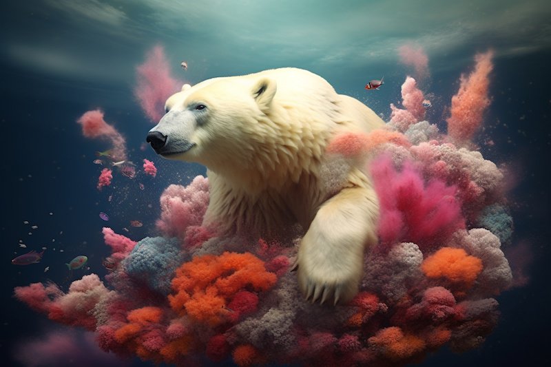 Polar bear swimming and floating under water with multicolor reef and corals cold weather paint