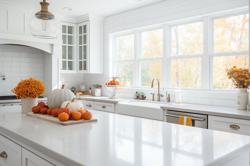 White modern kitchen decorated for fall with pumpkins and leaves, generative AI