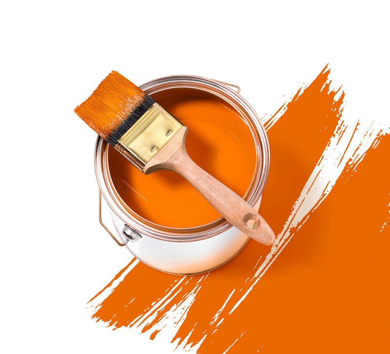 Orange paint tin can with brush on top on a white background with orange strokes how much paint to buy