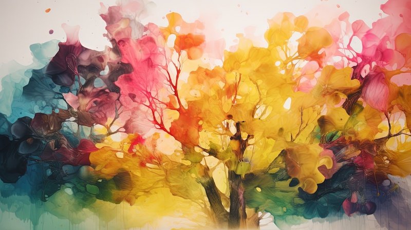 a painting of a colorful tree with lots of leaves on it.  generative ai