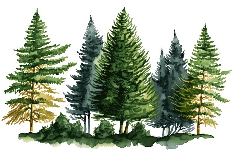 Illustration of a grove of fir trees in watercolor. piece of a green woodland background. luxuriant conifer drawn by . Natural spruce trees and bushes that are evergreen. Bushes and a fir tree on a wh. Generative AI holiday painting