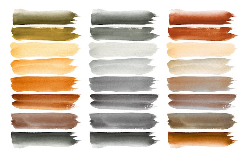 Set of beige, brown and gray neutral watercolor brushstroke smear blots. Abstract background.