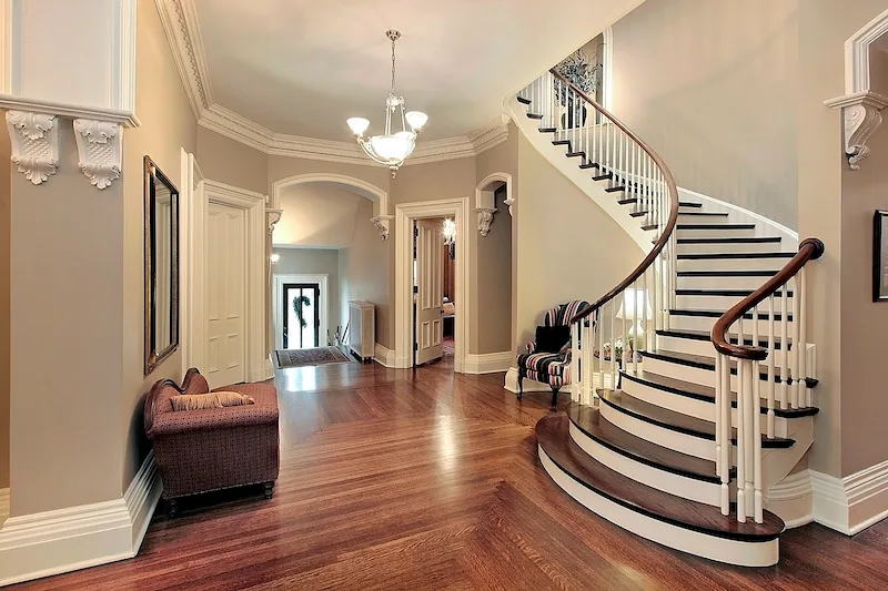 Foyer in traditional suburban home with curved staircase