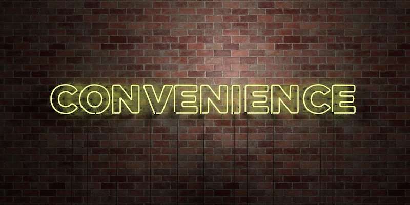 CONVENIENCE - fluorescent Neon tube Sign on brickwork - Front view - 3D rendered royalty free stock picture. Can be used for online banner ads and direct mailers.