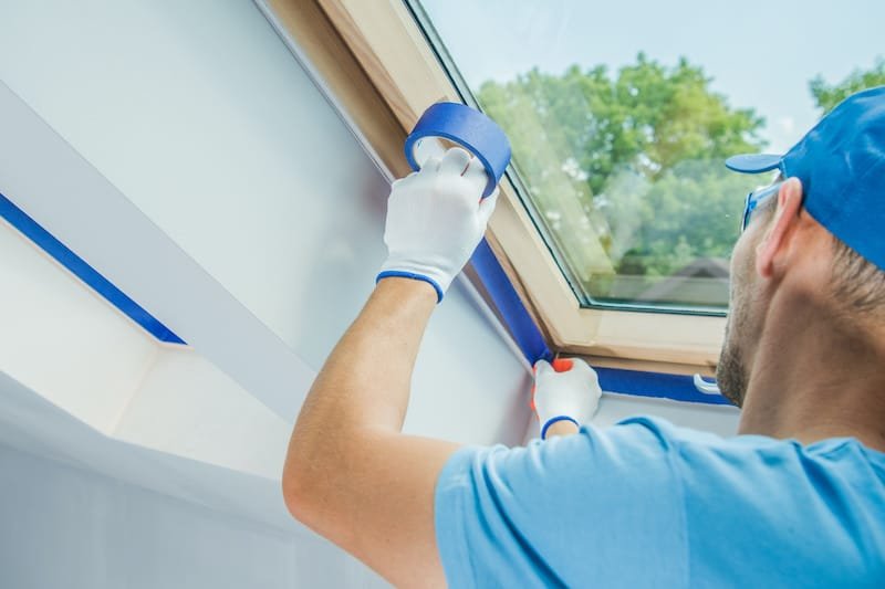 Caucasian Men Preparing Room Window Edges For Painting Job. House Interior Remodeling and Refreshing for paint prep