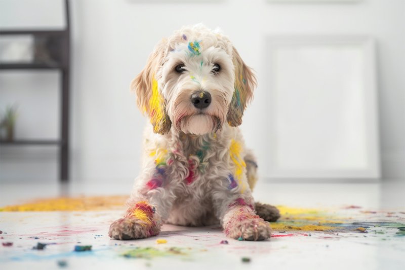 a dog playing with paint