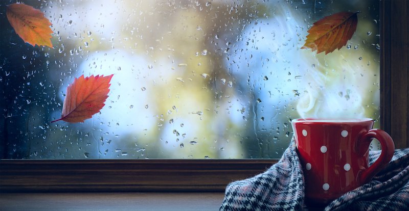 red cup with hot drink and wet autumnal window; Autumn season background