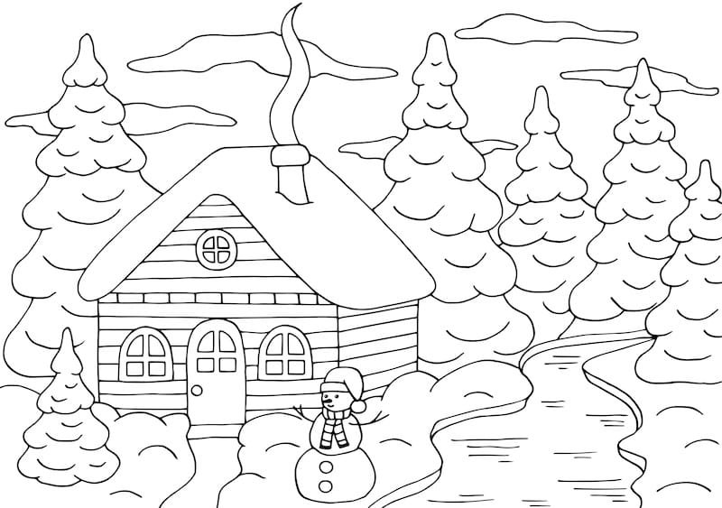 Horizontal coloring page with a beautiful house in the winter forest with a Christmas tree