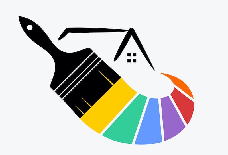 cool building paint logo design template. paintbrush with silhouette and house icon, rainbow color concept. vector illustration of a logo for wall or building paint. Premium Vector