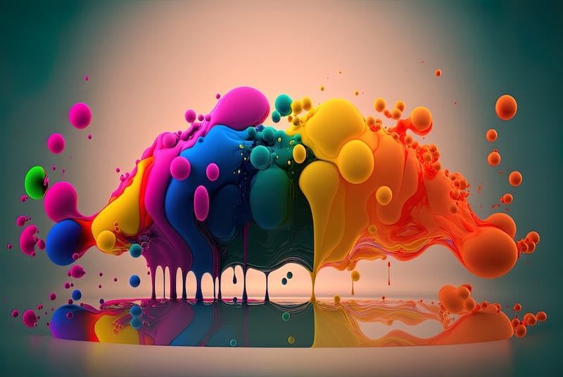 picture drawn on a computer. Splash of rainbow colors within a bubble. Horizontal abstract backdrop. Generative AI