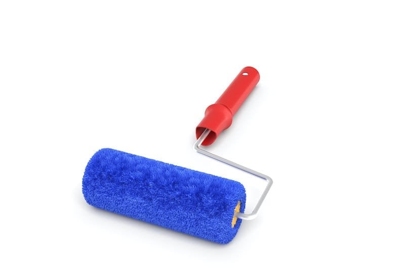3d rendering of a paint roller in front view with a red handle and a blue fluffy cover. Home improvement. Building supplies. Renovation tools.