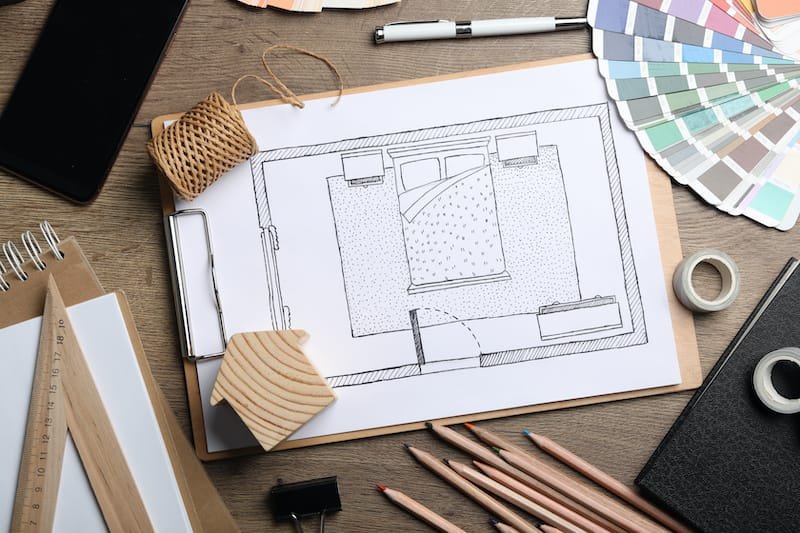 Flat lay composition with bedroom plan on wooden table. Designer's workplace