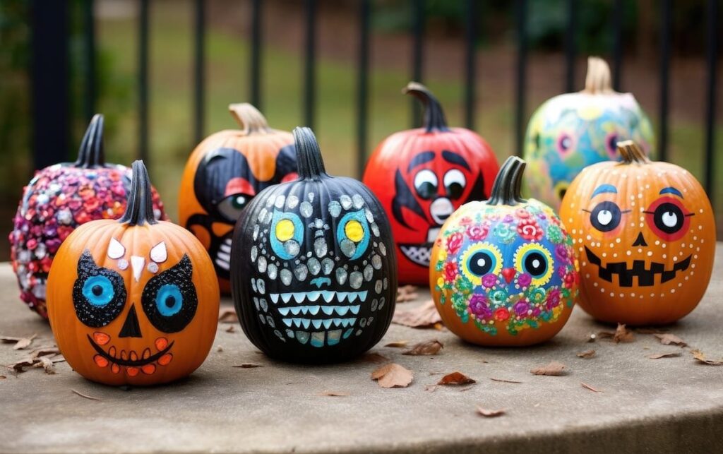 Painted and decorated colorful Halloween pumpkins