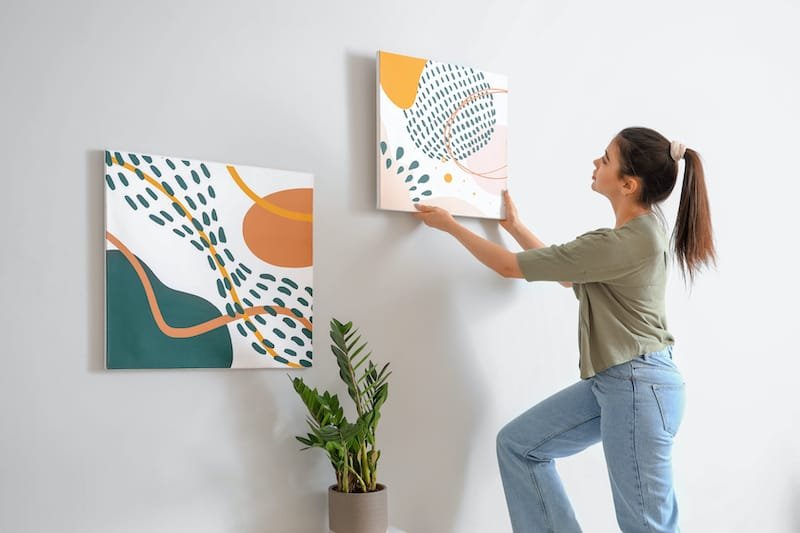 Young woman hanging picture on wall in living room