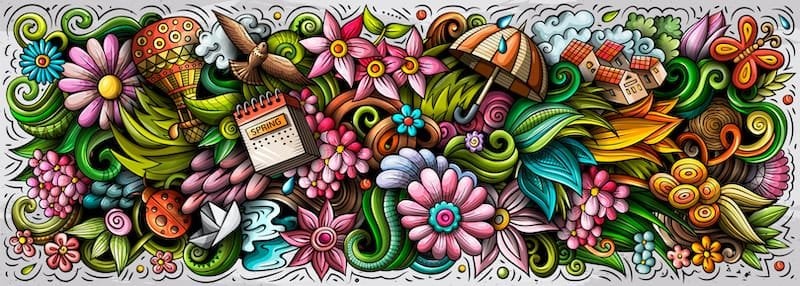 Spring hand drawn cartoon doodles illustration. Seasonal funny objects and elements poster design. Creative art background. Colorful vector banner