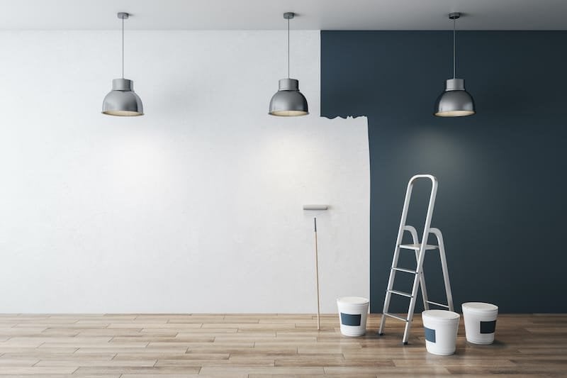Modern grey interior before and after repairs with mock up place on white concrete wall and wooden floor. 3D Rendering