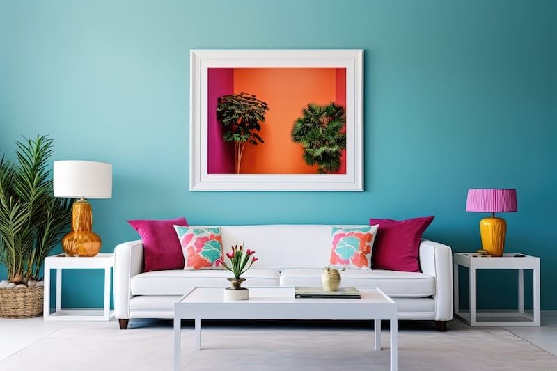 cheerful and happy mood living room idea of home decor design with colorful abstract painting art wall hanging picture, Generative Ai