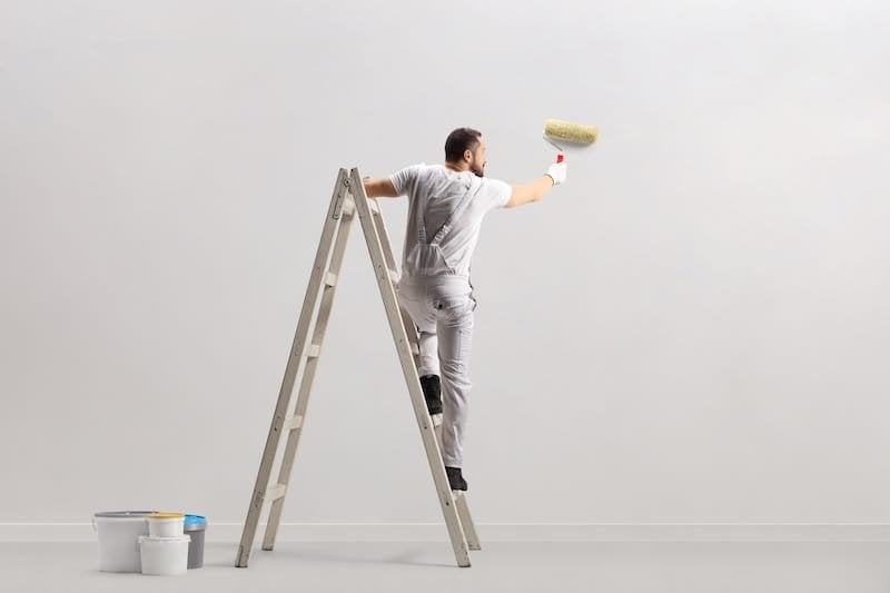 Rear view of a painter painting a wall on a ladder isolated on white background