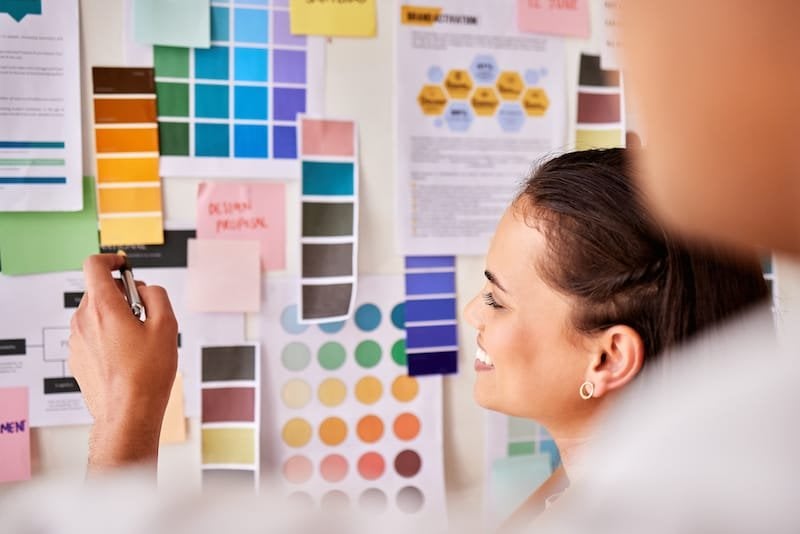Designer, color palette and people planning creative project, brand development or b2b collaboration advice. Ideas brainstorming on moodboard of design worker, woman and client for choice or decision.