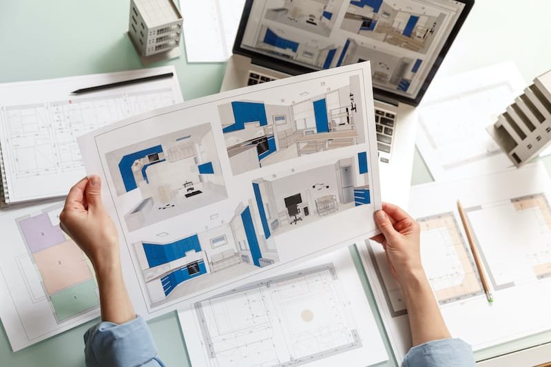 Interior designer working with a kitchen visual renderings in a design bureau. Architectural desigh bureau working concept