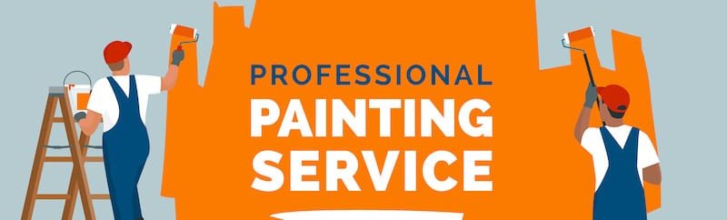 Professional painters painting a wall and promotional offer text