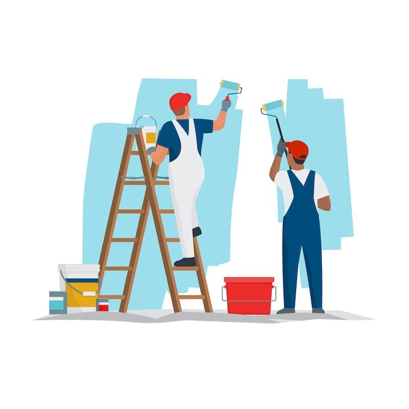 Painting Contractors and decorators painting walls in a residential room with professional equipment
