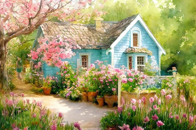 Unusual fairy tale rustic country house, located beautiful spring garden.Bright colors.Freehand watercolor drawing painting.Digital designer art.Abstract illustration.3D render