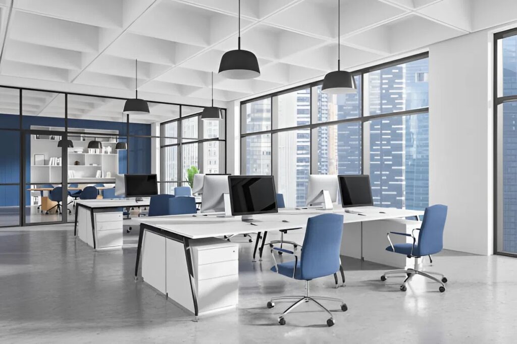 Modern office interior with neutral paint and blue accents by a commercial painter in Caldwell, ID