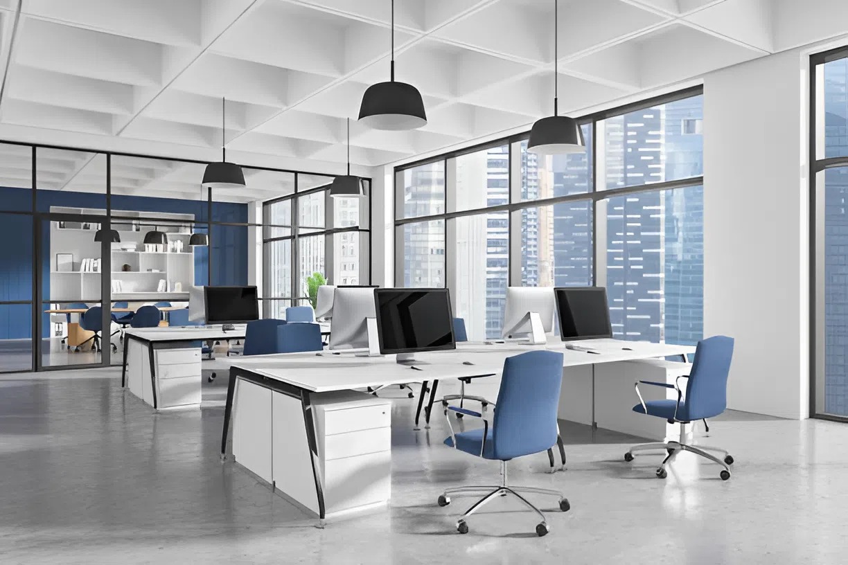 Modern office interior with neutral paint and blue accents by a commercial painter in Caldwell, ID