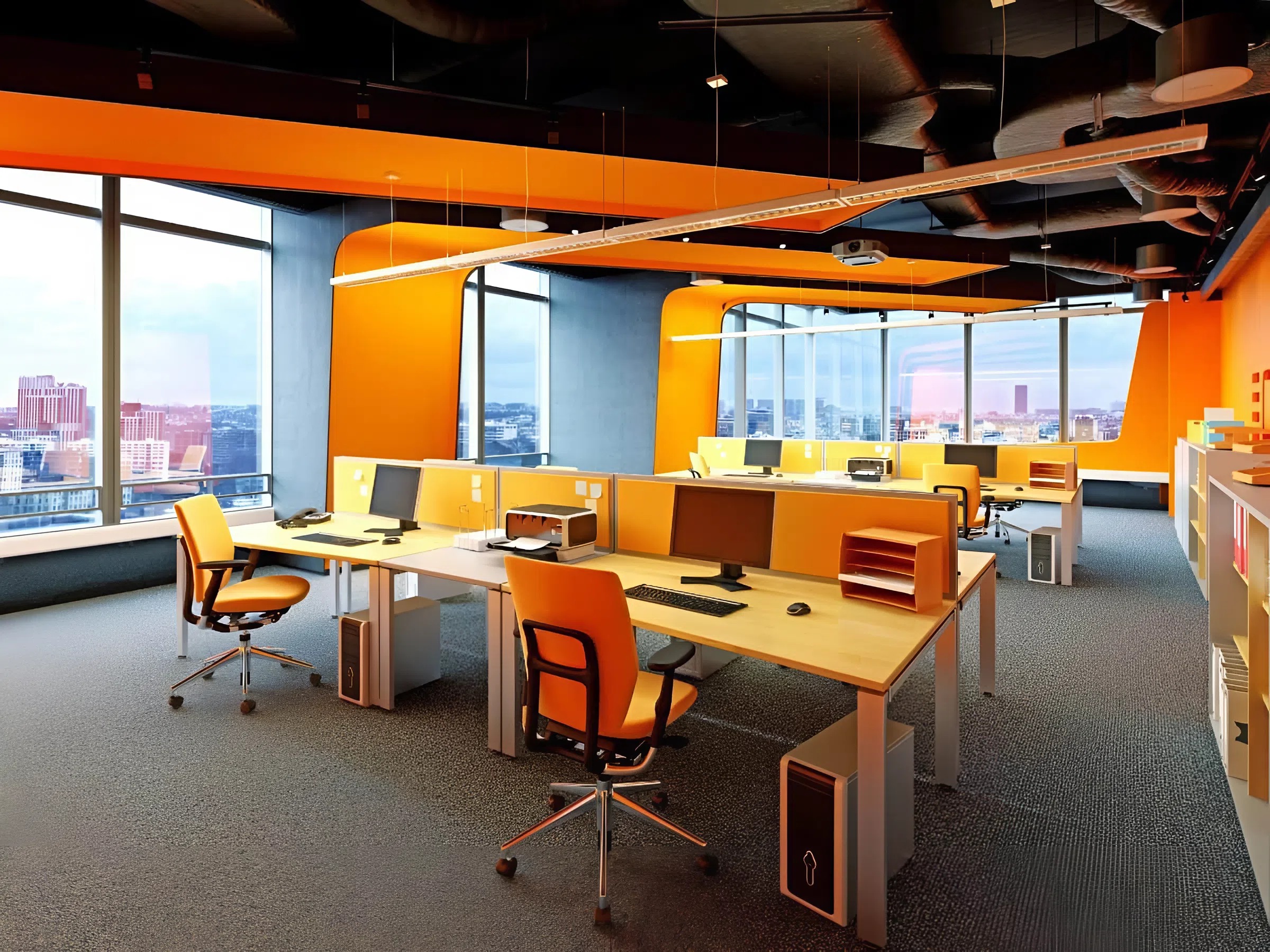 Freshly painted office interior with orange accent walls by an interior painter in Boise, ID