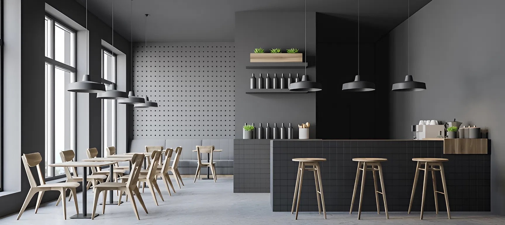 Modern café interior with matte charcoal and warm gray walls by a commercial painter in Caldwell, ID.