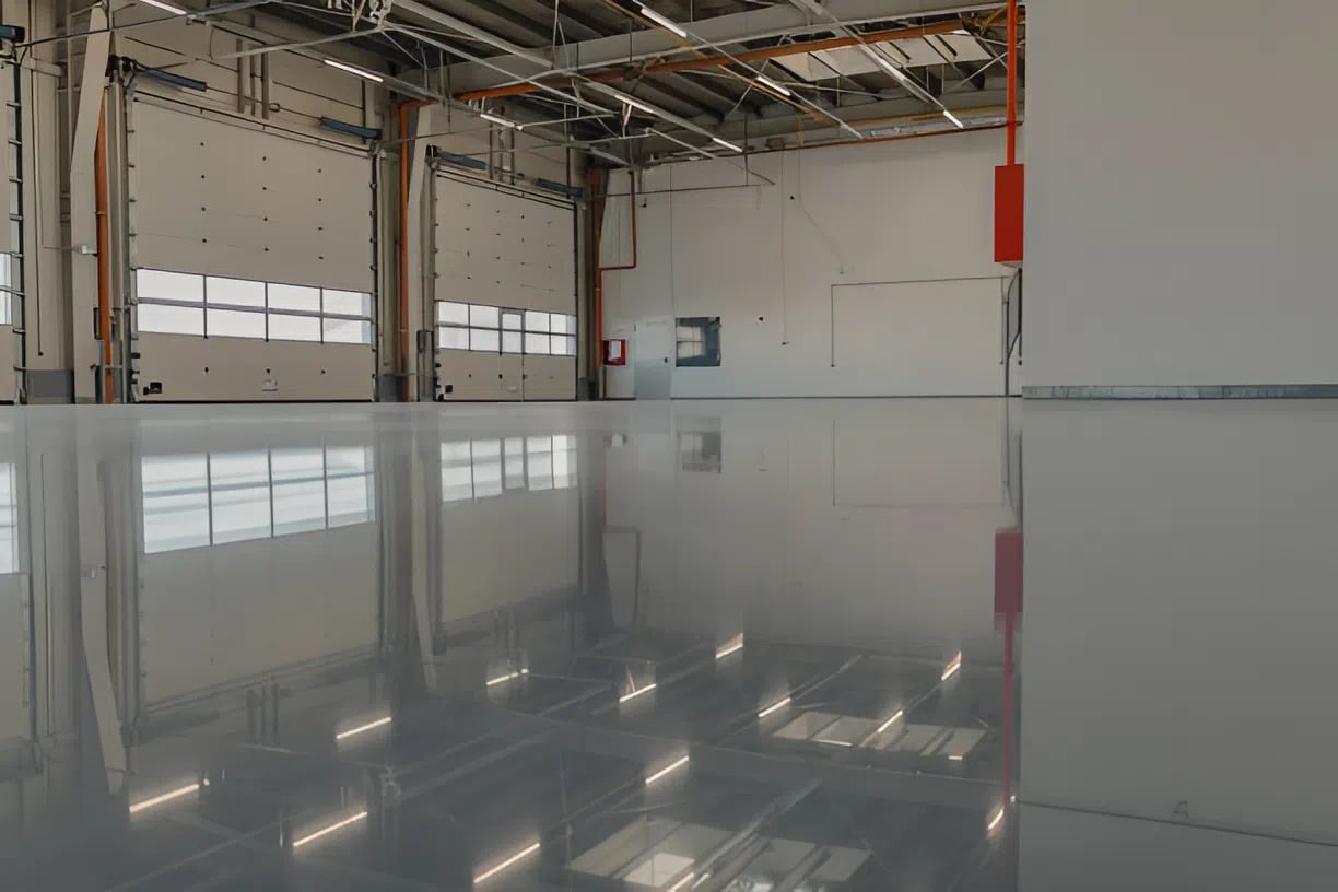 High-gloss epoxy floor coating installed inside a large warehouse facility by a commercial painter in Garden City, ID