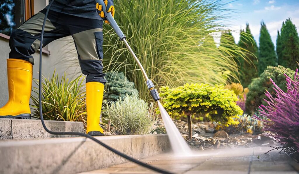 Pressure washing driveway and exterior surfaces before painting by a painting company in Eagle, ID